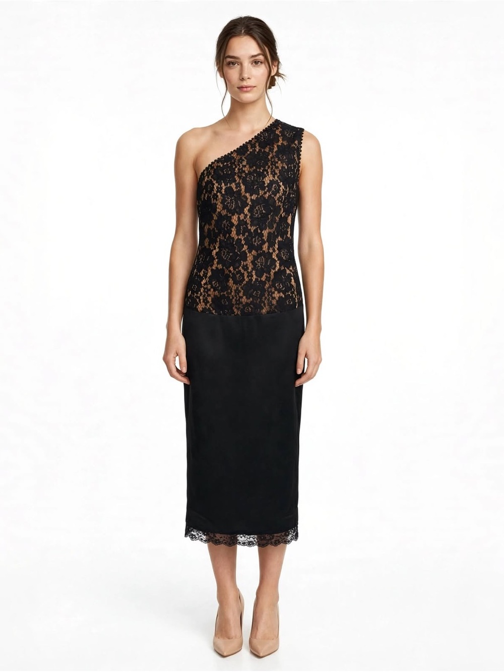 FEHAUTE Black Lace One Shoulder Maxi Dress Sheath Formal US 4